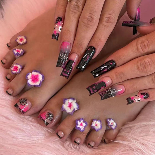 Ombre Press on Nails Long Square & Press on Toenails Set -  Black French Fake Nails Press Ons Nail Art Tips Glue on Nails Full Cover Acrylic False Toe Nails with 3D Spider Charms Ghost Design